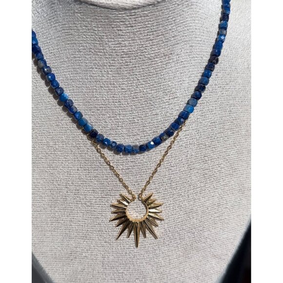 Blue and Gold Beaded Necklace with Pearl Pendant - Picture 10 of 10